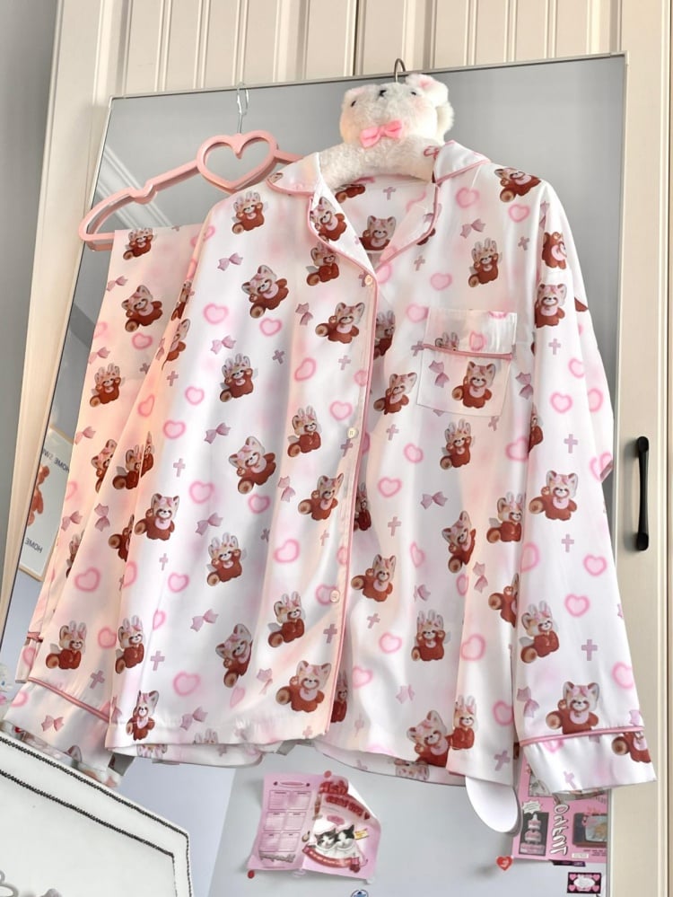 White Pink Cute Red Panda Print Pajama Set