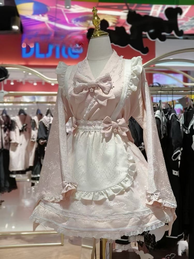 Wa Kei Pink Set-Bell Full Style Jirai Sleeves Blossom Apron Dress+Flutter Outfit Festival Cherry
