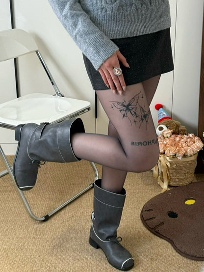 And Letter Print Butterfly Black Tights