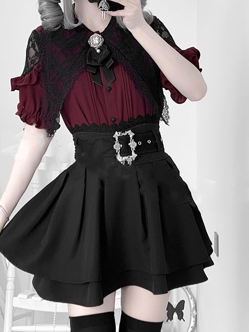 Jirai Collar Flat Red Details Blouse +Tiered Skirt Set-Pointed Kei Pleating