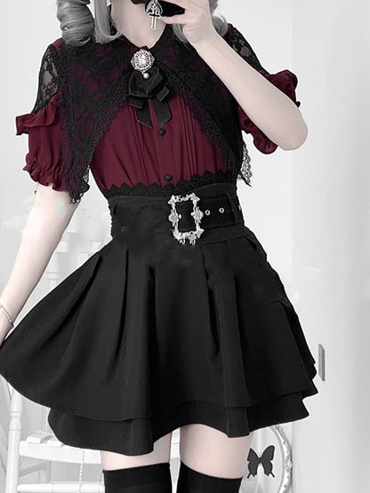 Jirai Collar Flat Red Details Blouse +Tiered Skirt Set-Pointed Kei Pleating