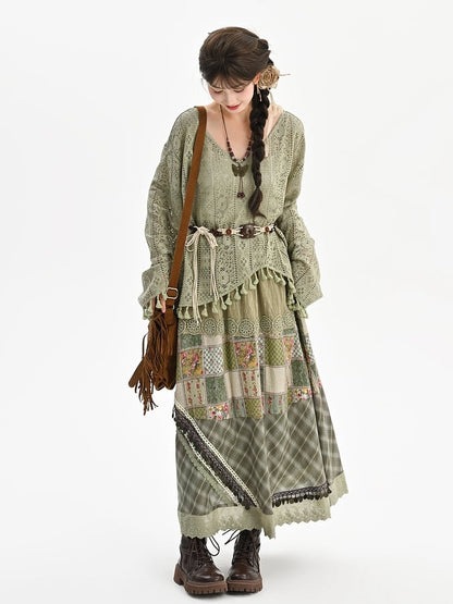 Hem Top with Belt Bohemian Green V-neck Tassels