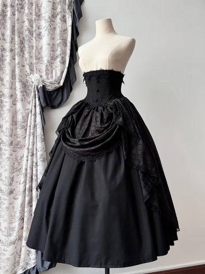 Schwarzer Korsett-Taillenrock mit Knochen und hoher Taille, Aristokratischer Gothic-Lolita-Rock