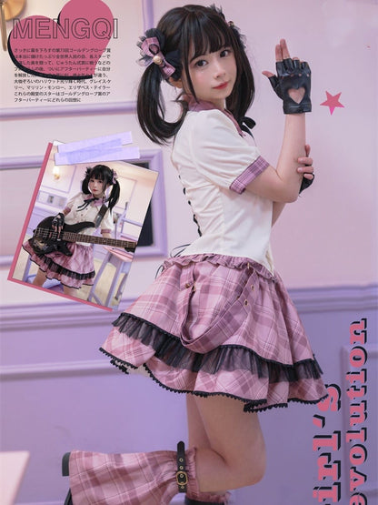 Pink Plaid Buckle Strap Thigh-length Idol Lolita Skirt