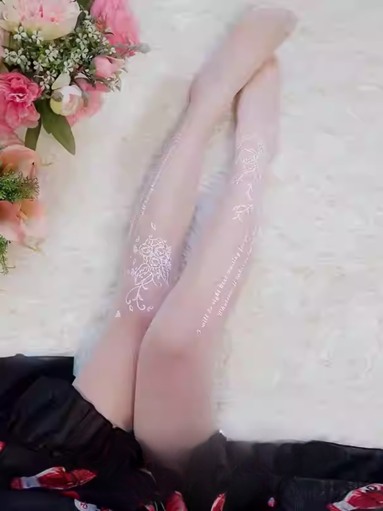 White Semi-sheer Rosette Print Lolita Tights