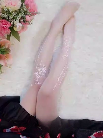 White Semi-sheer Rosette Print Lolita Tights