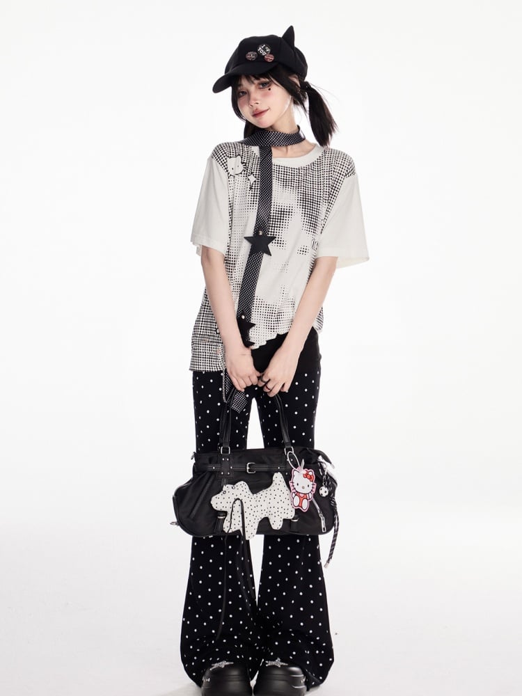 Flared Casual Pants Black Polka Dot Elastic Waist Slim-fitting