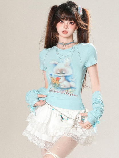 White/Black/Blue Glamorous And Print Sleeves Bunny With T-shirt Letter