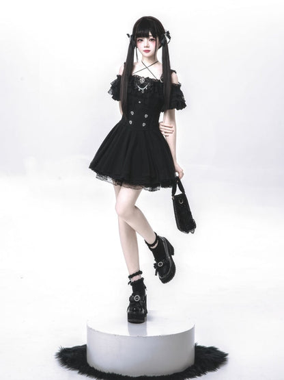 Jirai Kei Black Lace Trim Top with Off-the-shoulder Neckline