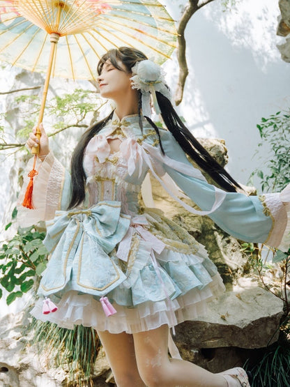 Hellgrünes und rosa Korsettkleid im Chinoiserie-Stil, Qi Lolita JSK-Set