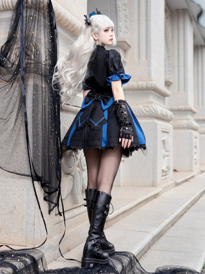 Black and Dark Blue Punk Idol Lolita Dress Lolita Cropped Top Set