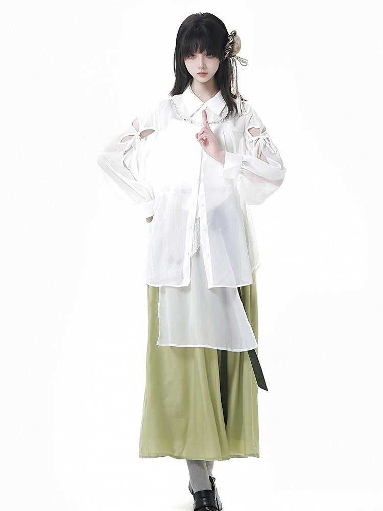 White Sheer Chiffon Style Shirt Long Sleeves Version Butterfly-shaped Cutout Cheongsam