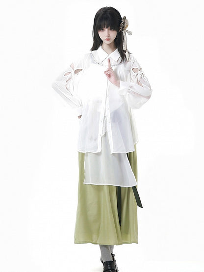 White Sheer Chiffon Style Shirt Long Sleeves Version Butterfly-shaped Cutout Cheongsam