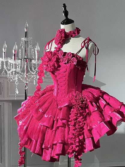 Barbie Boning Tiered Ruffle Roses Sequins Hot Pink Dress Goth Neckline Lolita