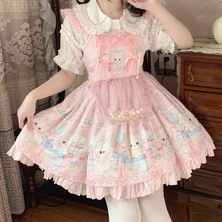 Dots and Dress Overall Print Lolita Polka Kitty Pink Sweet Pattern