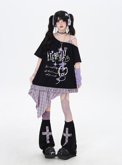 Asymmetrical Red/Purple Plaid Hem Black Punk Rock Graphic T-Shirt