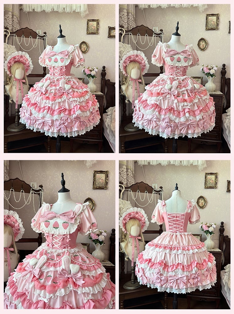 Four-pieces Pink Lolita Sweet Set-Tiered Creamy Strawberry Bunny