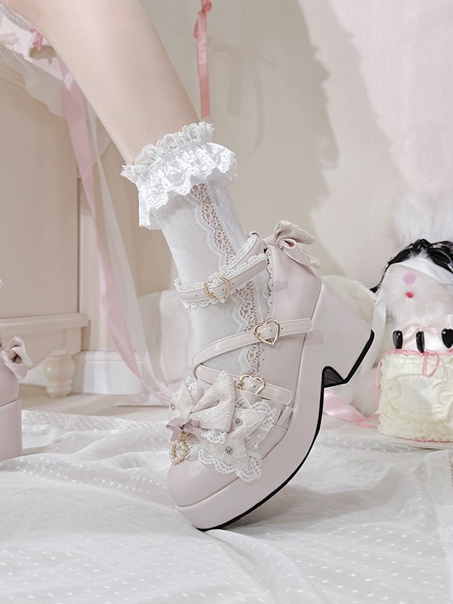 Bow Heart High Jirai Pink Shoes Buckles Block Design Top Heels Crisscross at Platform Kei
