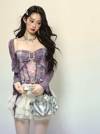 Lavender Semi-Sheer Open Placket Lace Top