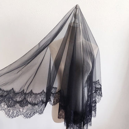 Veil with Hollow-out Lolita Trim Tulle Black/White Lace