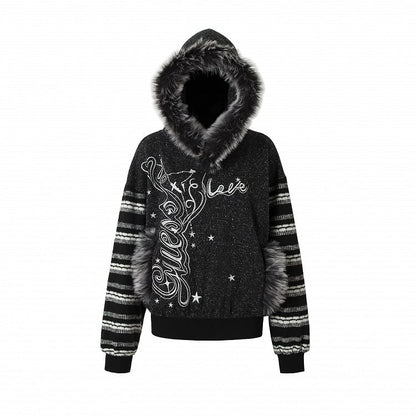 Black&White Plush Trim Striped Sleeves Hoodie