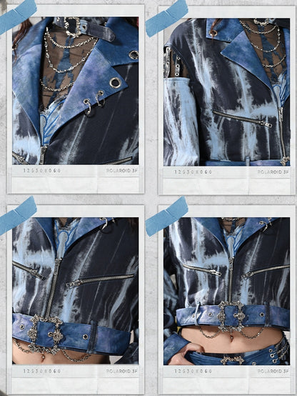 Grunge Punk Rock Blue Cutout Sleeves Tie Dye PU Moto Jacket with Free Belt