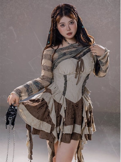 Plus Size Basque Waist Cascading Ruffles Distressed Wasteland Punk Brown Holes Cami Dress