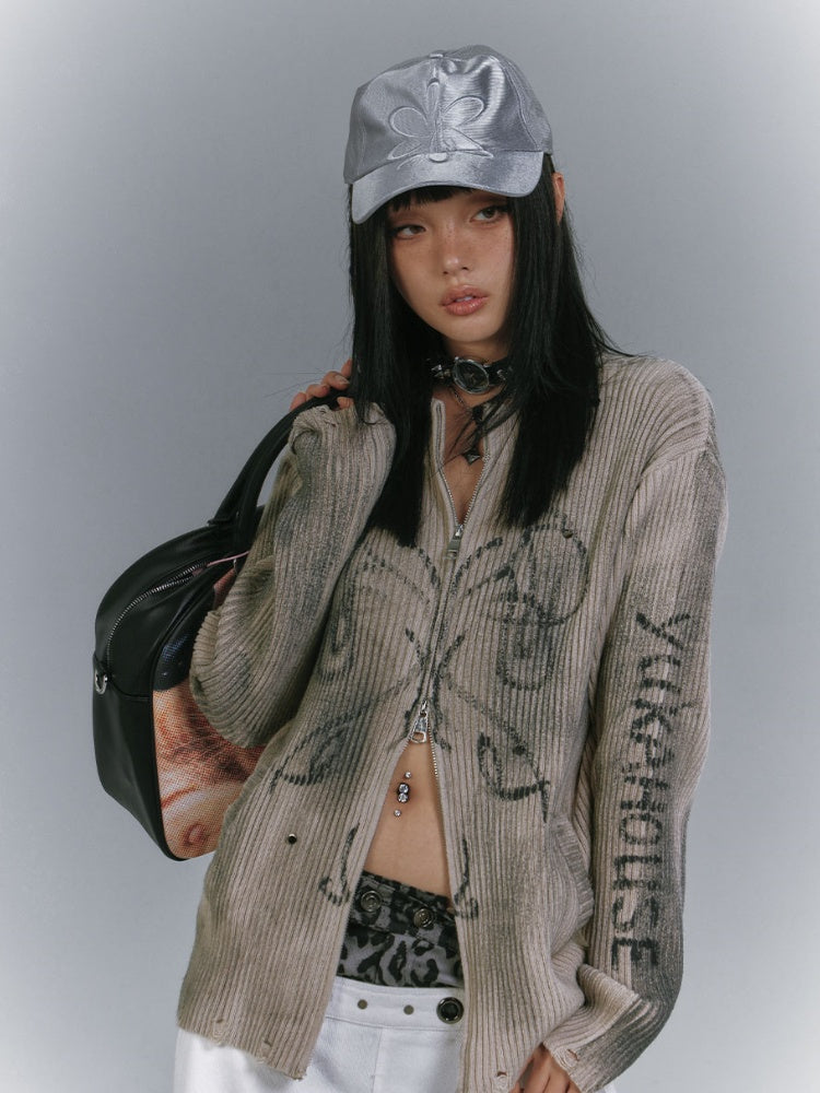 Khaki Two-Way Zip Placket Distressed Knitted Sweater Wasteland Punk