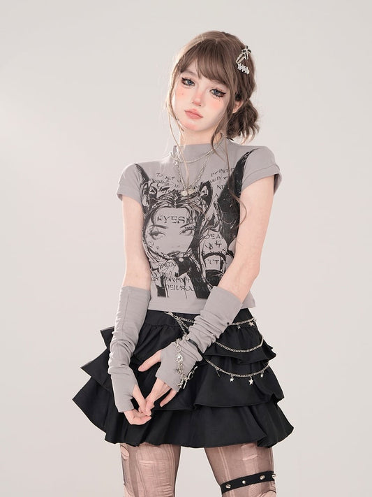 Character Print and Matching Fingerless Gray Mock Neck T-shirt with Manga Gloves