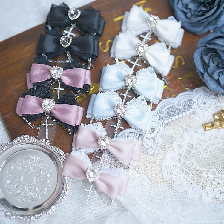5 Herz Strass Spitze Trim Jirai Kei Schleife Haarspangen Kette Farben Kreuz