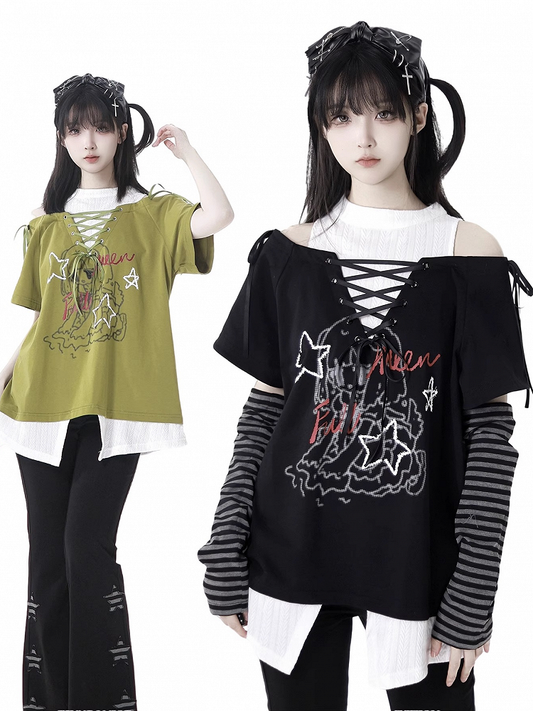 Graphic T-Shirt Neckline Faux Two-pieces Green/Black Cutout Shoulder Lace-up