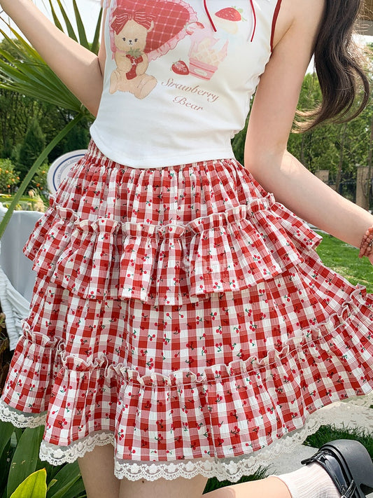 Sweet Plaid Tiered Skirt Trim Red Allover Cherry Print Lace