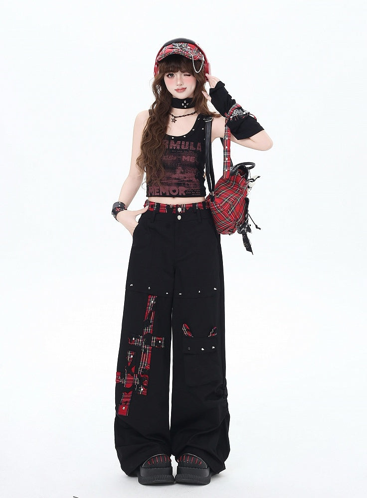 Black and Red Plaid Studs Detail Wide-Leg Pants
