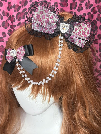 Pink Two BlackDark/Light Hairclips Chain Bowknot Rhinestone Heart Bead Decorated