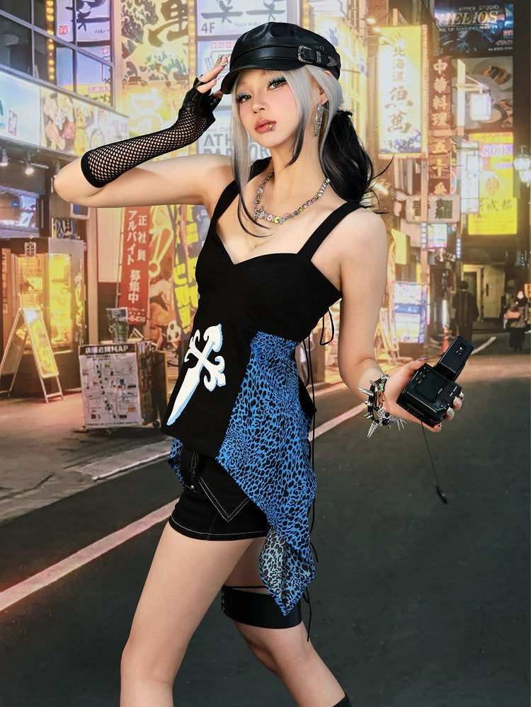 Haut sans bretelles noir glamour à patchs léopard bleus Gyaru des années 2000