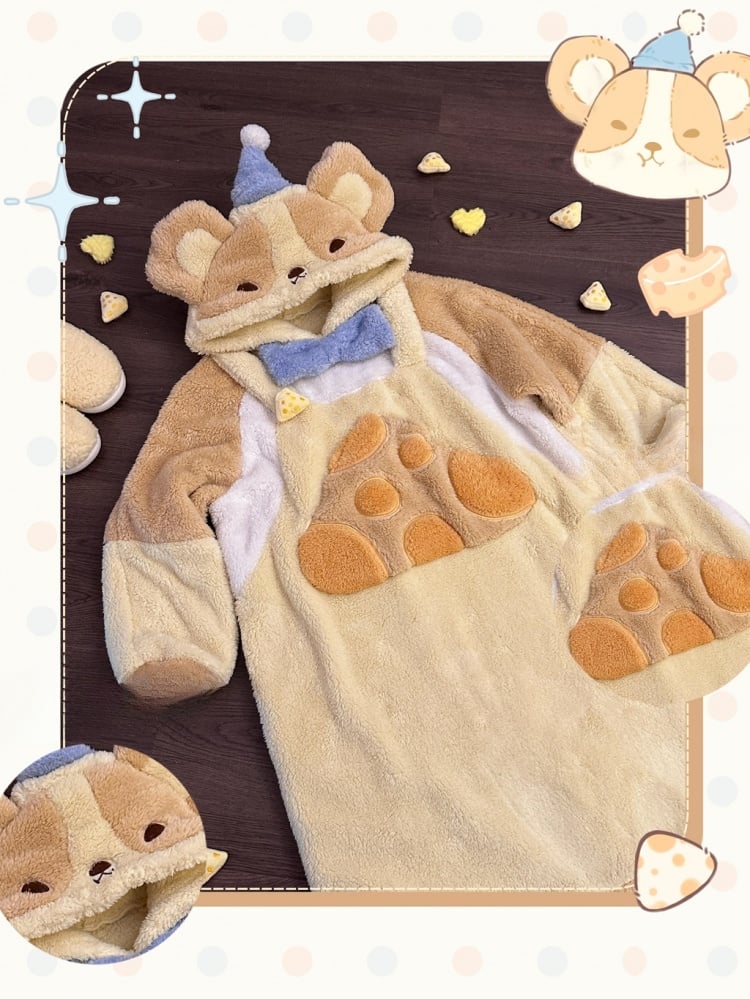 Plush Yellow Mouse Ear Kiity Ear Design Thick Hooded Nightdress