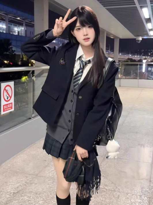 Blazer Button Preppy JK Cuffs Decorated Blue Style Badge Uniform Dark Design