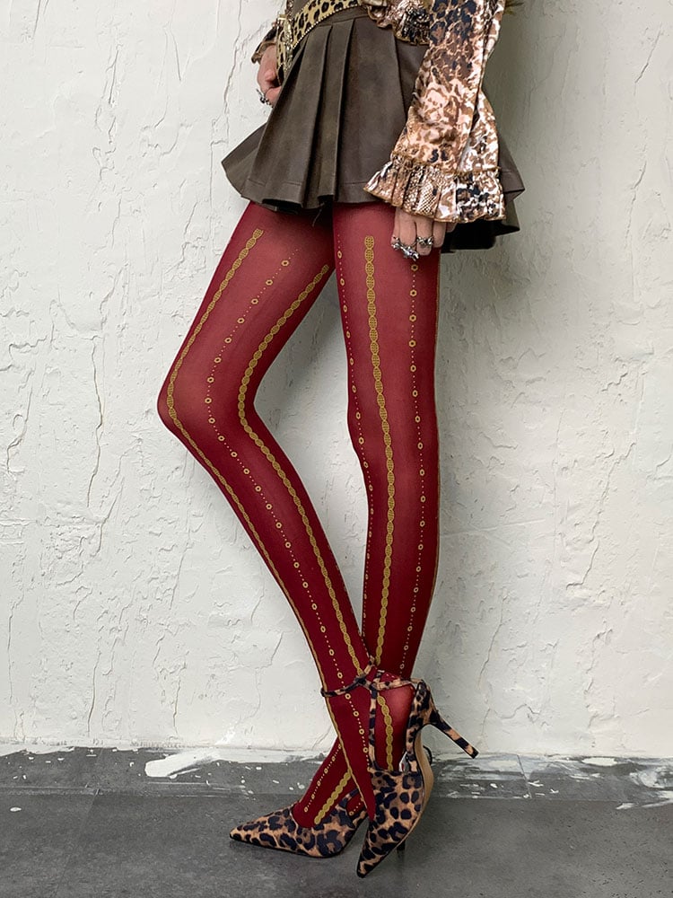 Wine Red Y2K Print Design Tights