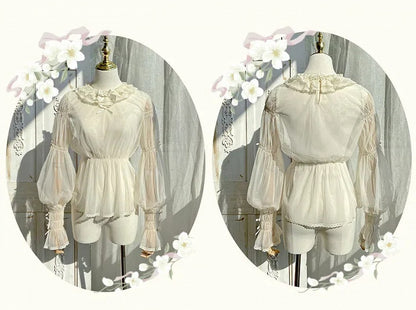 Beige Semi-sheer Leg-of-Mutton Sleeves Blouse