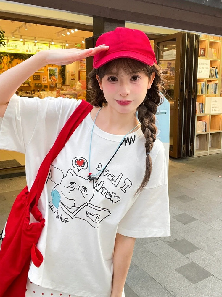 White Round Neck Kitty Print Loose T-Shirt