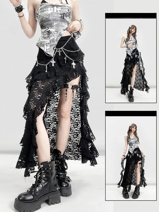 Slit Bittersweet Asymmetrical Glamorous Skirt Thigh-high Black Hem Lace