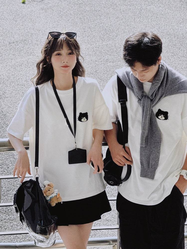 Applique Loose White Round Neck Kitty Embroidery T-Shirt
