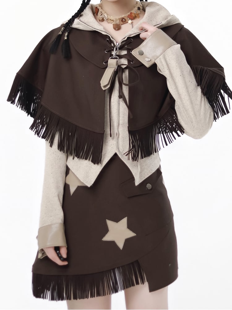 Brown Tassel Hemline Lace-up Closure Cape