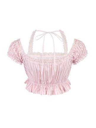 Pink Striped Puff Lace Bow Accents With Halter Top Sleeves Crop