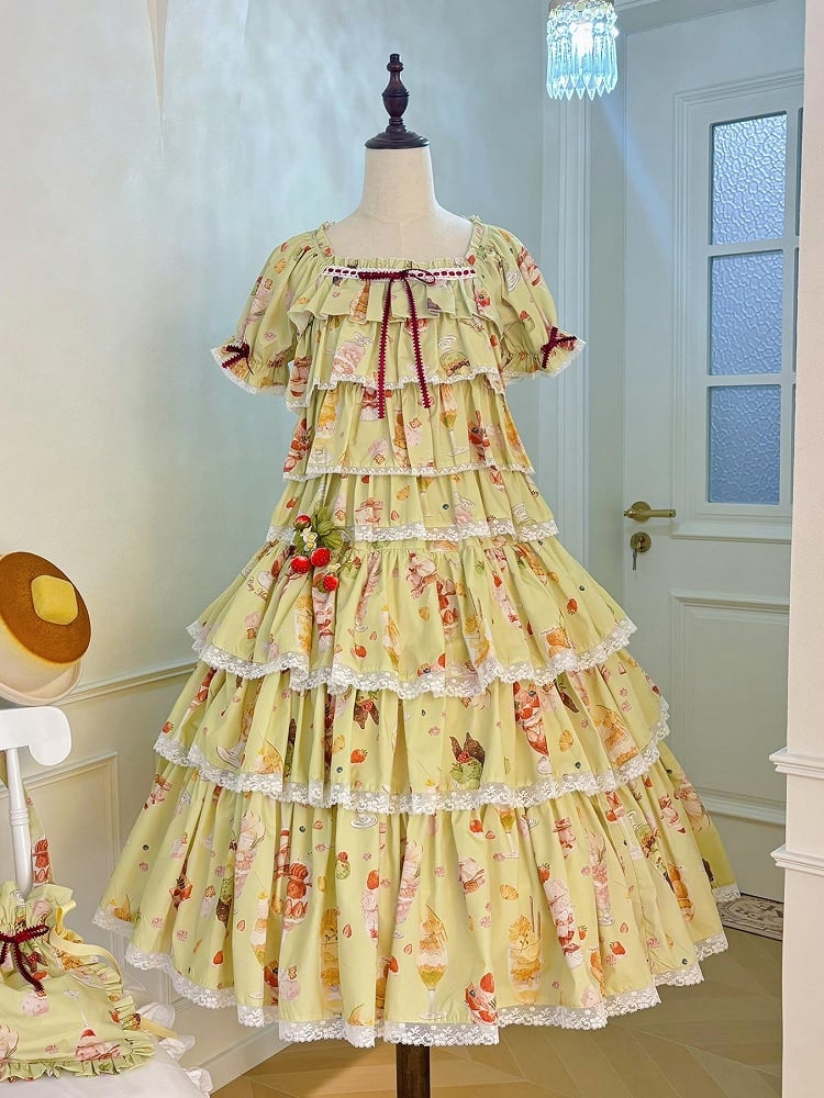 Green Print Fruit Summer Parfait Top Short Sleeves