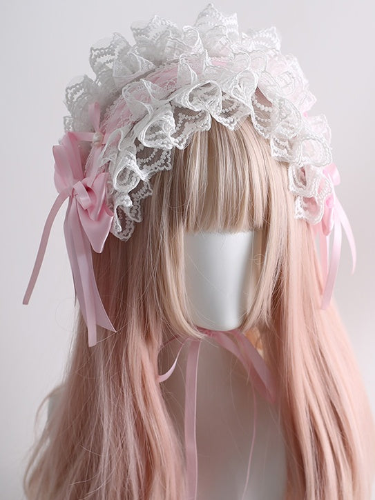 Serre-tête nœud en dentelle rose et blanc avec pinces