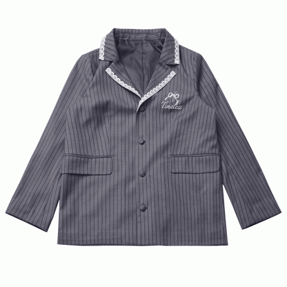 Gray Blazer Aesthetic with Striped - Preppy Bowknot Embroidery Timeless Fit Oversized
