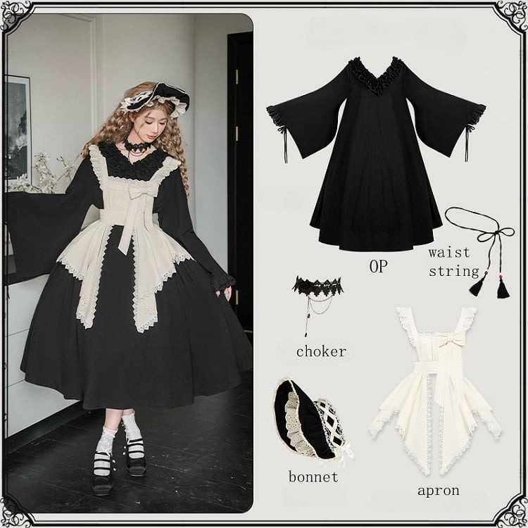 Long Lolita Black Sleeves Dress Full Ruffle Version Wa Maid Set V-neck