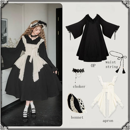 Long Lolita Black Sleeves Dress Full Ruffle Version Wa Maid Set V-neck