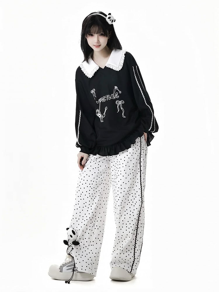White Polka-Dot Pattern Cotton Straight-Leg Pants with Panda Plushie